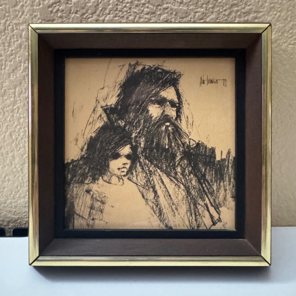 Vintage 1969 Aldo Luongo Signed Sketch Framed Man and Child Portrait Art 8x8
